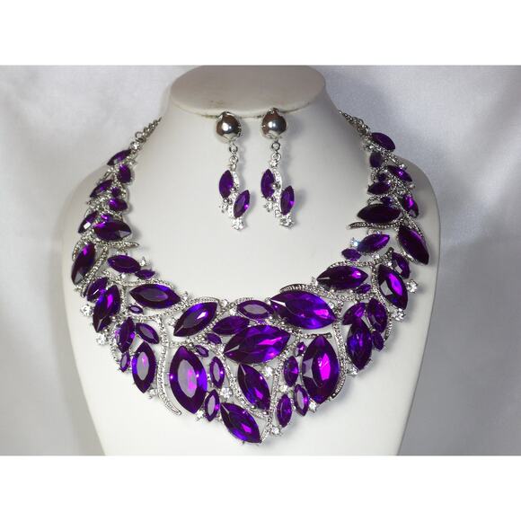 Purple necklace set, 3 pc necklace set, statement wedding party prom necklace, - Picture 2 of 8